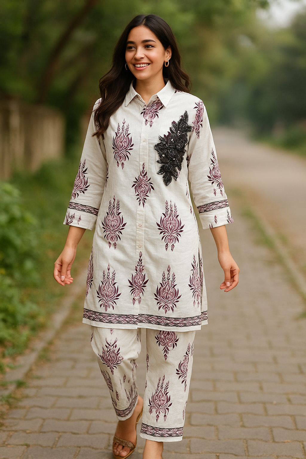 Ivory & Maroon Printed Cotton Cord Set with Embellished Detail