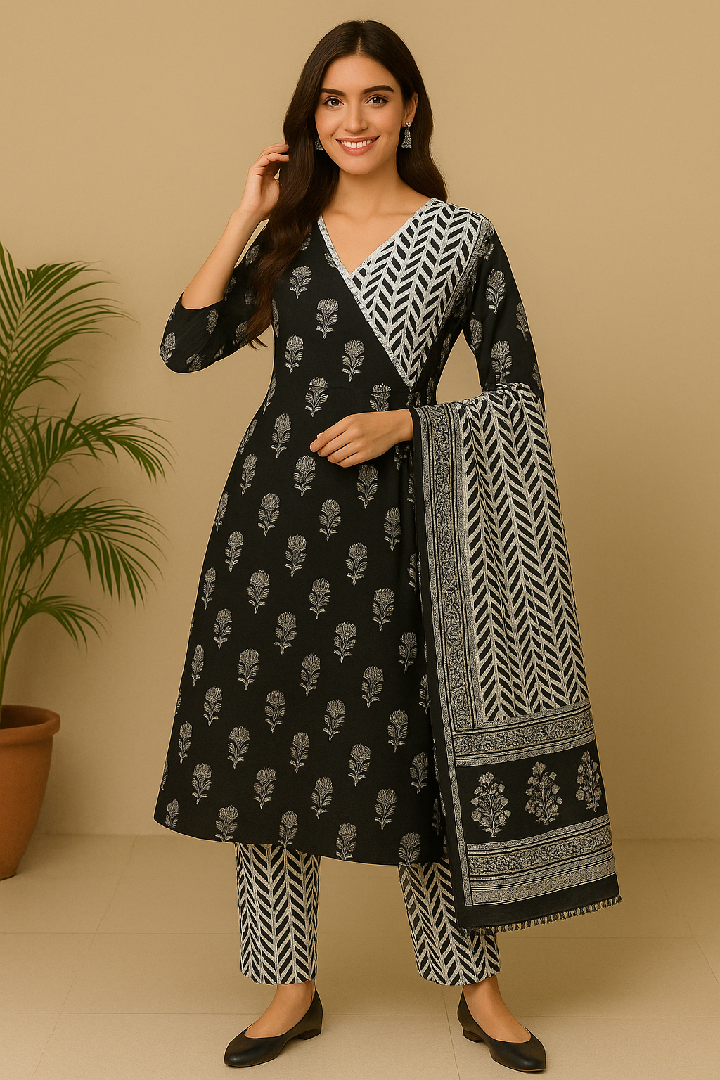 Black & White Floral Print A-Line Kurta Set with Dupatta