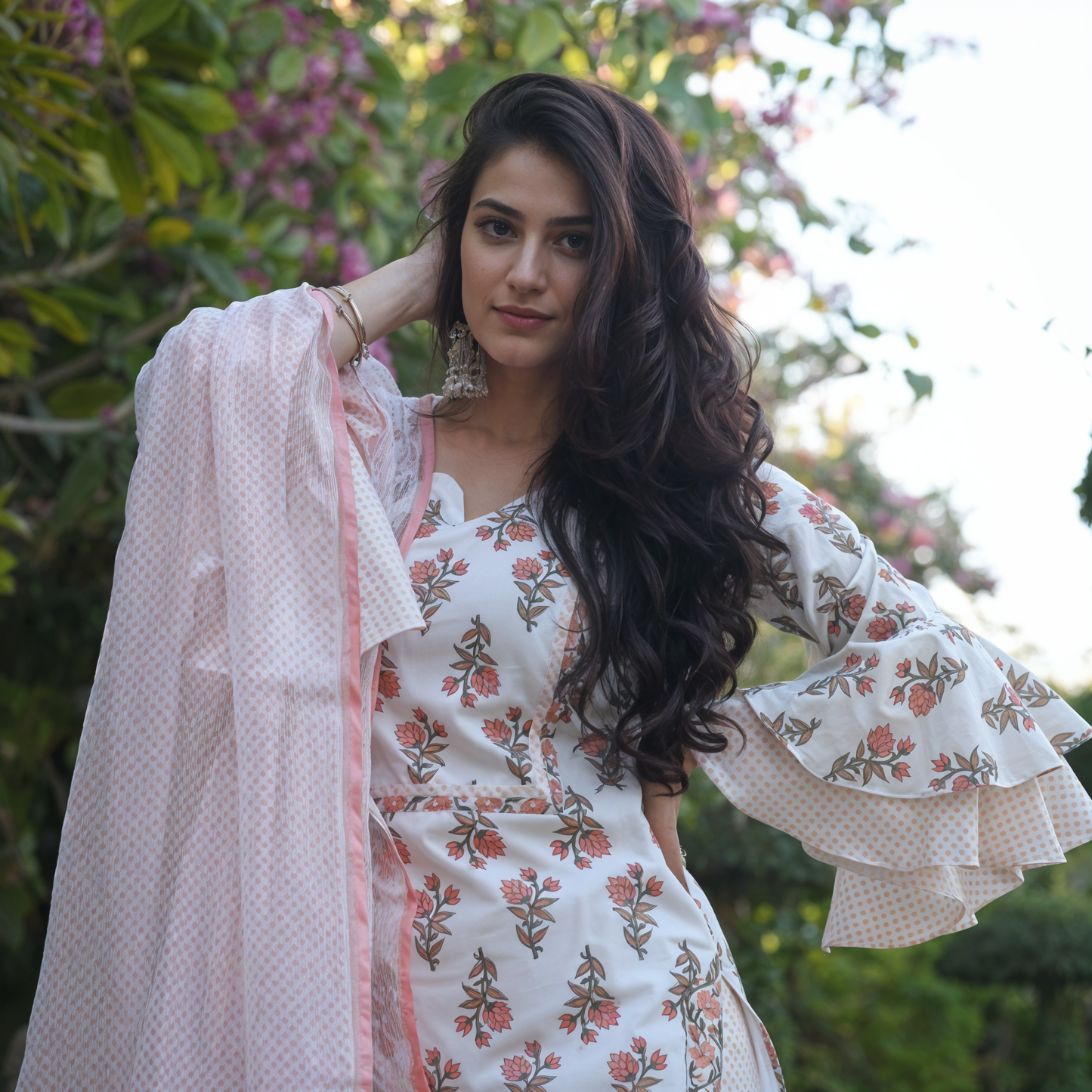 Elegant Minimal Print Poly Cotton Kurta Set with Sheer Dupatta