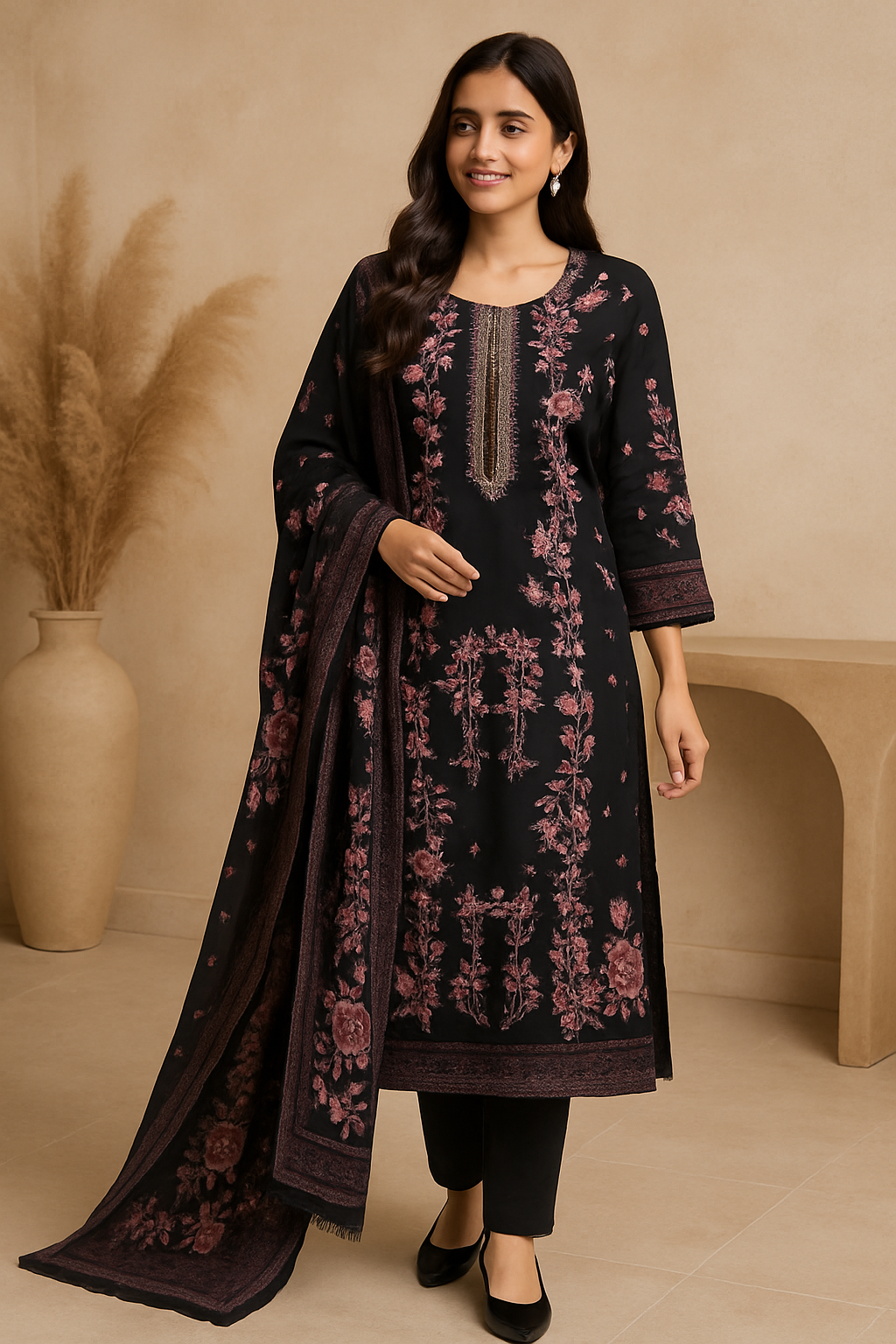 Black & Maroon Floral Embroidered Pakistani Suit