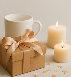 Gift box with ribbon, white mug, and lit candles — ideal for celebrations.