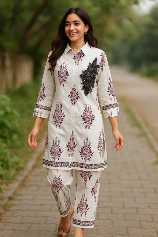 Ivory & Maroon Printed Cotton Cord Set with Embellished Detail