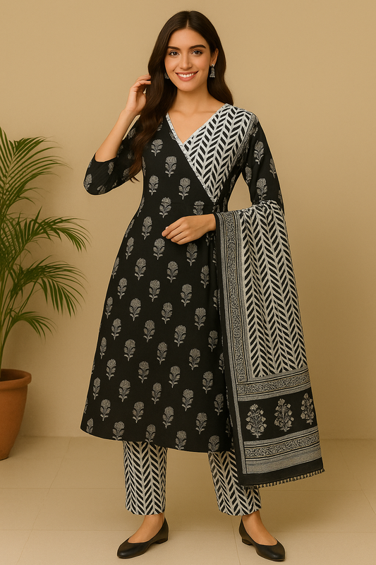 Black & White Floral Print A-Line Kurta Set with Dupatta