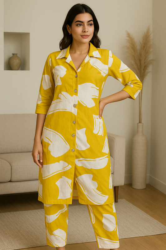Mustard Abstract Printed Cotton Cord Set for Women | 2-Piece Shirt & Pant Set