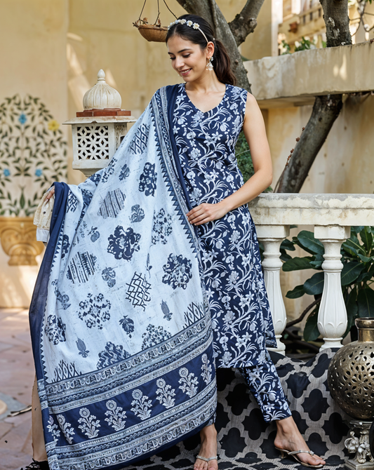 Navy & White Floral Print Kurta Set in Poly Cotton with Matching Dupatta