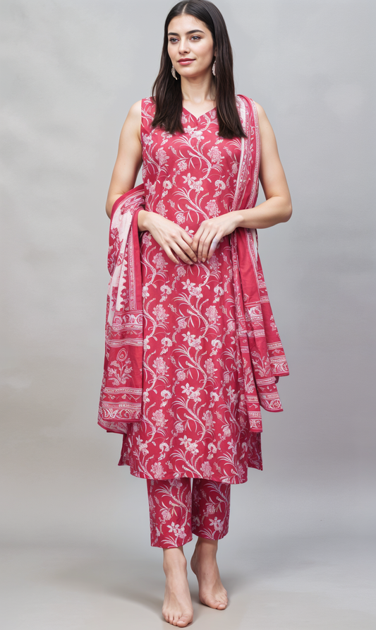 Printed Poly Cotton Kurta Set with Dupatta