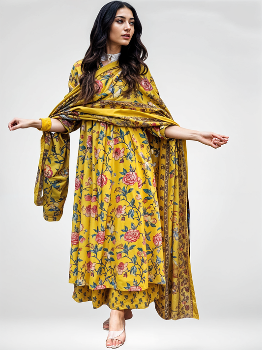 Mustard Bloom: Floral Kurta with Palazzo Set