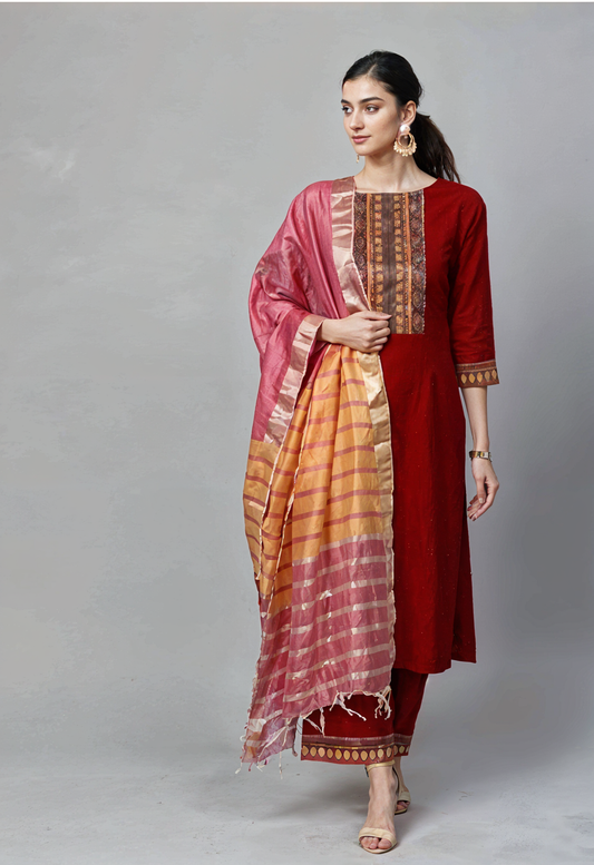 Festive Maroon Straight-Cut Kurta & Trouser Set
