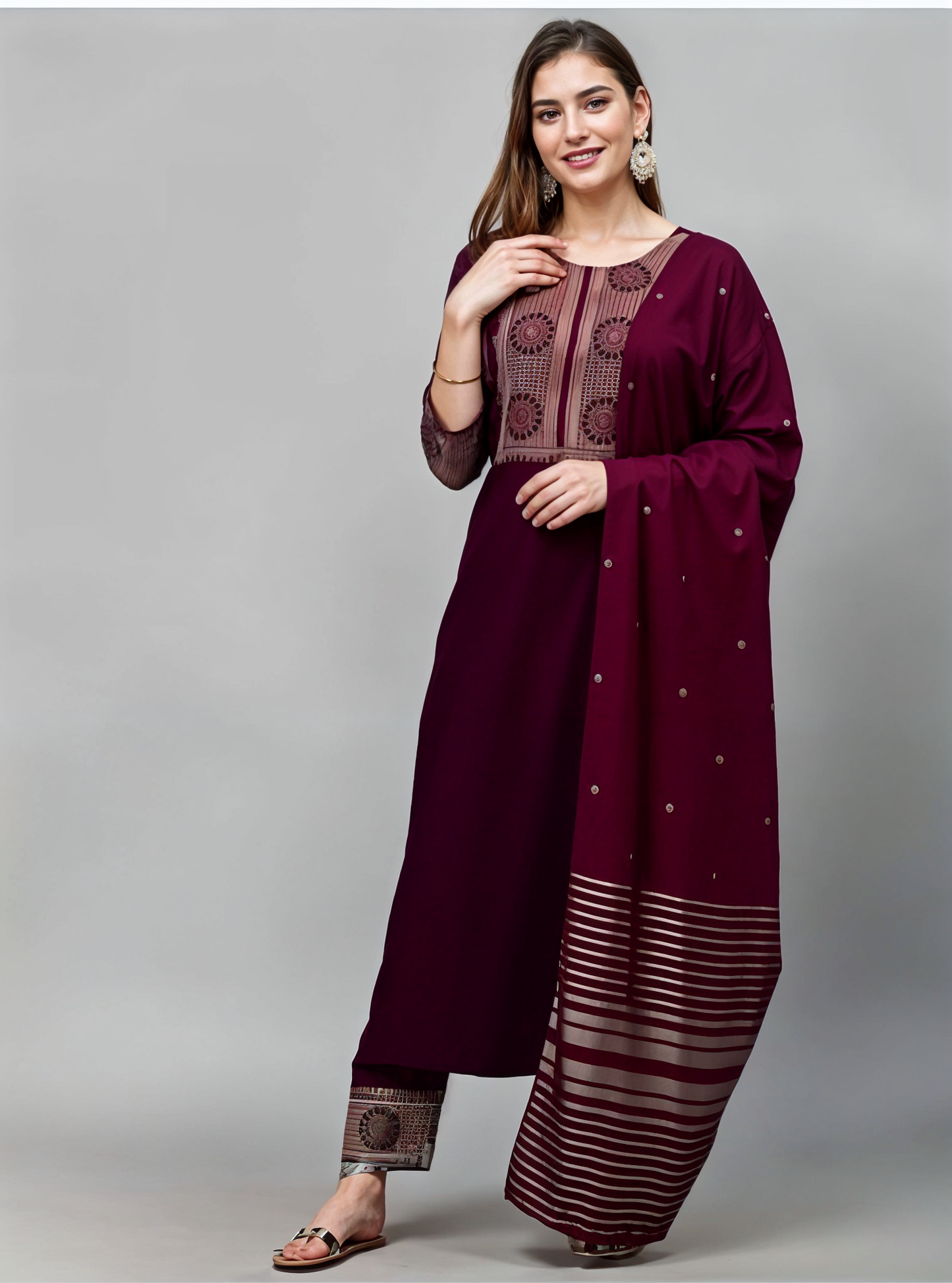 Rich Wine Poly-Cotton Kurta and Tailored Pants Set