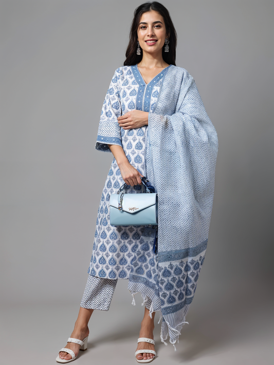 Sky Bloom Poly-Cotton Kurta Set