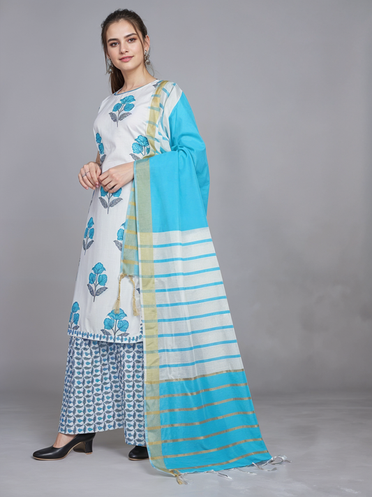 Turquoise Blue Floral Printed Poly Cotton Palazzo Set with Striped Dupatta
