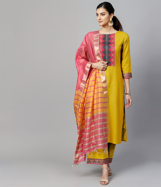 Stylish Yellow Kurta Set with Shiny Silk-Blend Dupatta