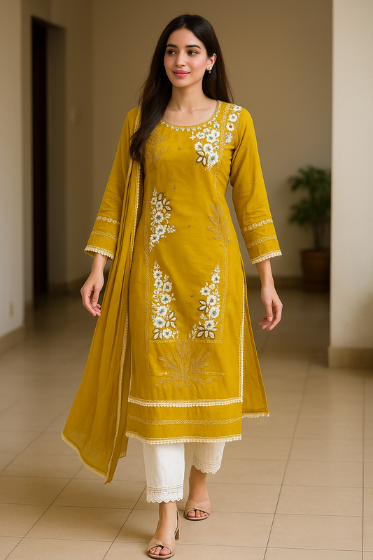 Elegant Mustard Embroidered Kurta Set with Dupatta | Pakistani Suit
