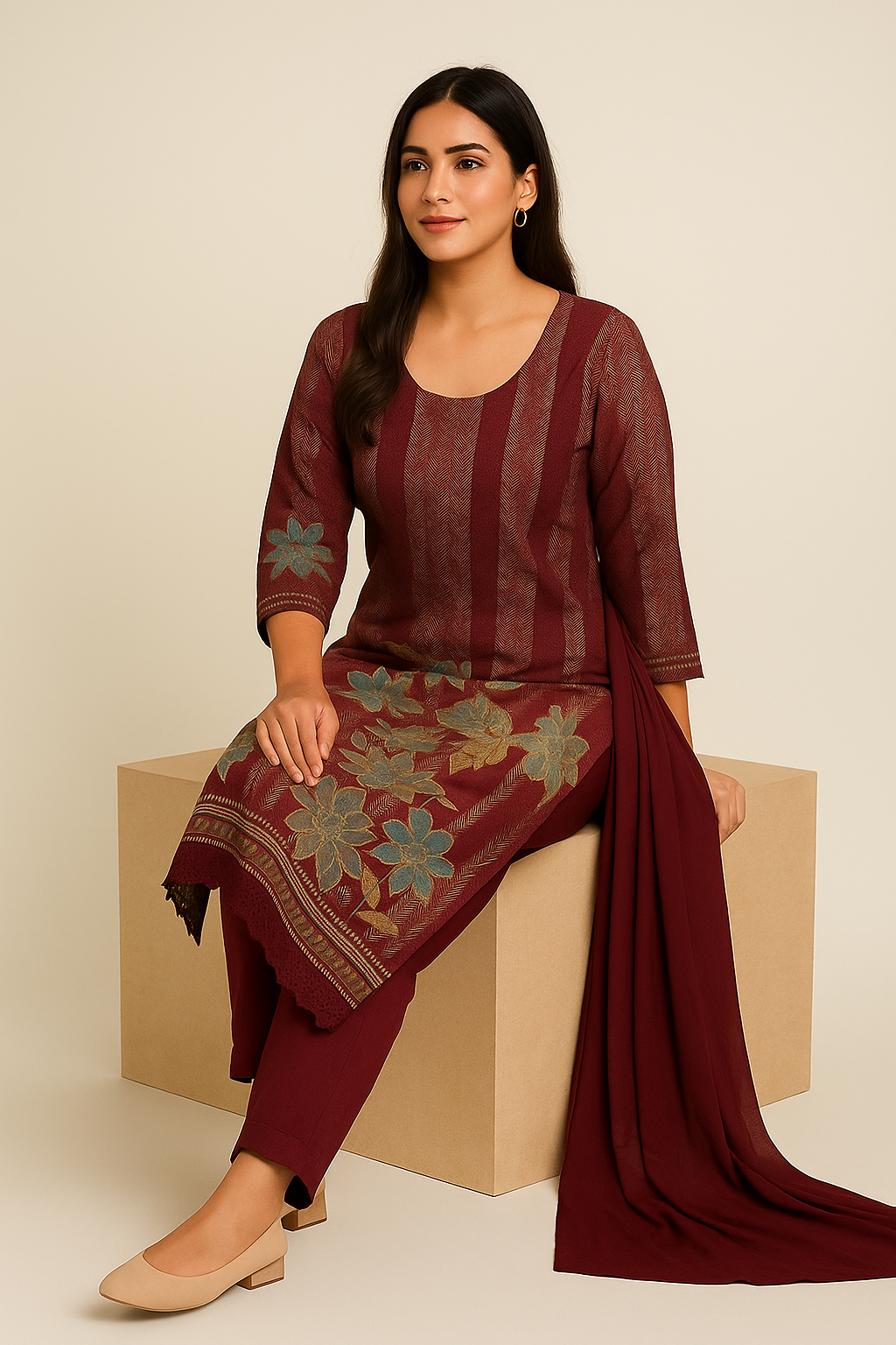 Elegant Maroon Floral Printed Kurta Set