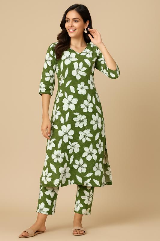 Green Floral Printed Cotton Cord Set