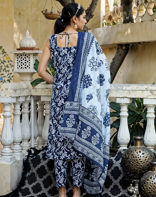 Navy & White Floral Print Kurta Set in Poly Cotton with Matching Dupatta