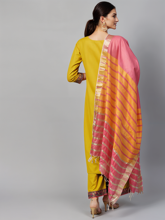 Stylish Yellow Kurta Set with Shiny Silk-Blend Dupatta