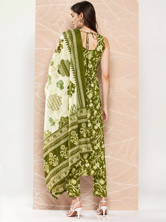 "Olive Green Floral Kurta Set with Dupatta | Sleeveless