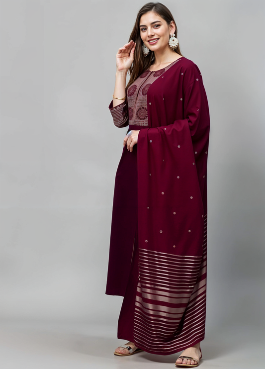 Rich Wine Poly-Cotton Kurta and Tailored Pants Set