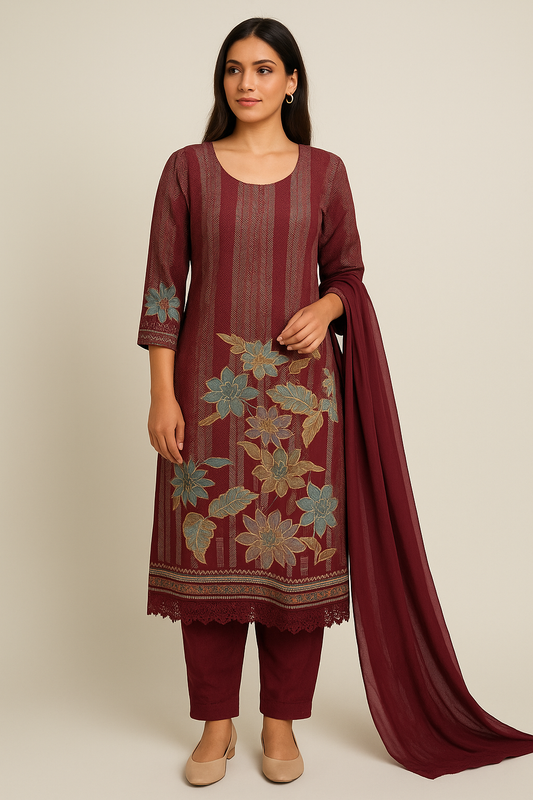 Elegant Maroon Floral Printed Kurta Set