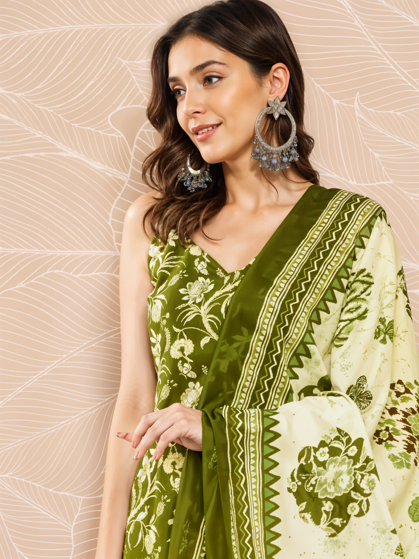 "Olive Green Floral Kurta Set with Dupatta | Sleeveless