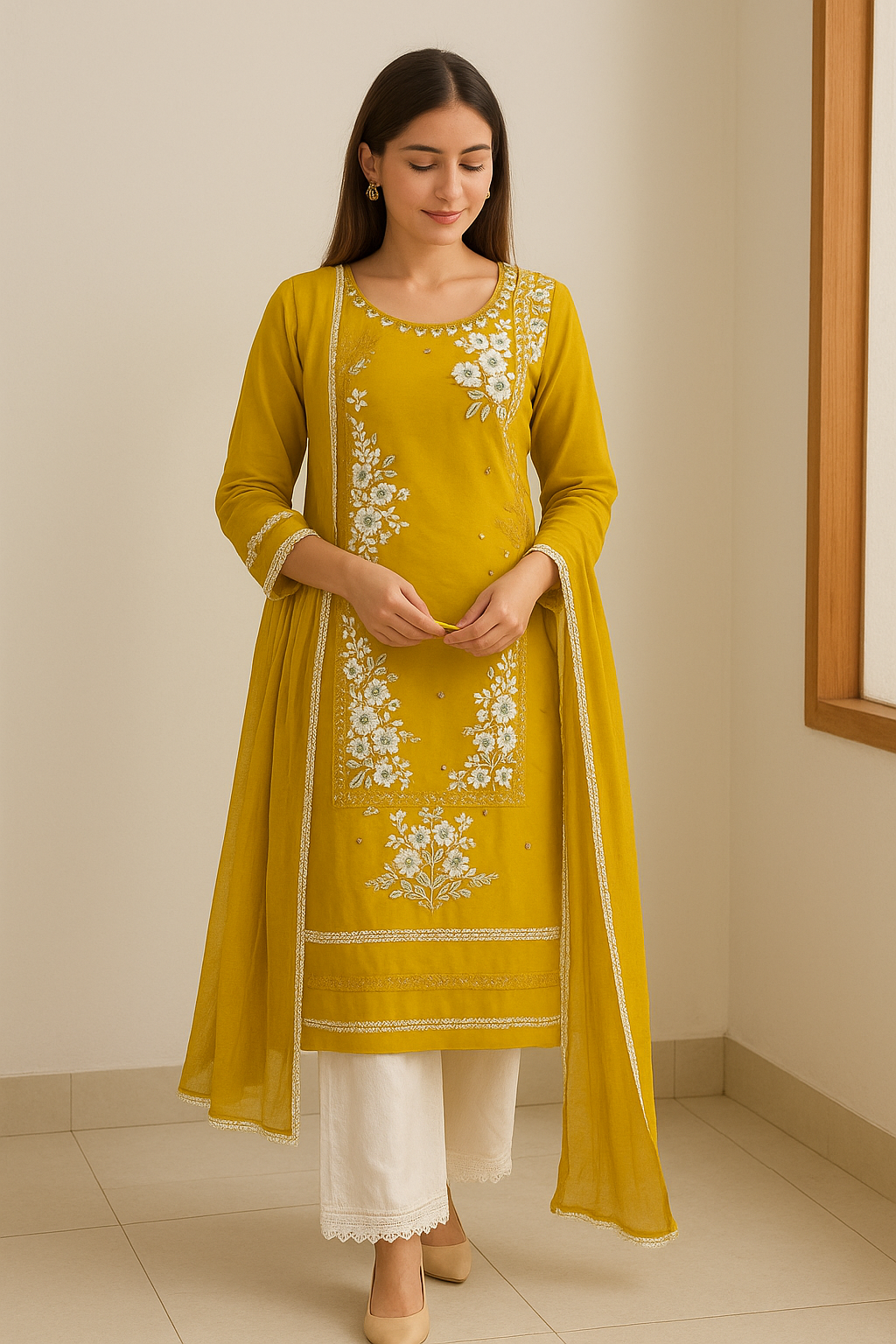 Elegant Mustard Embroidered Kurta Set with Dupatta | Pakistani Suit