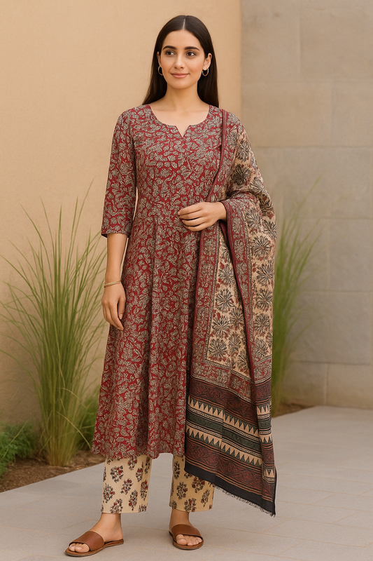 Maroon Floral Print Anarkali Suit Set with Dupatta