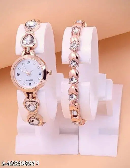 Women's Gold Plated Watch & Diamond Bracelet Combo