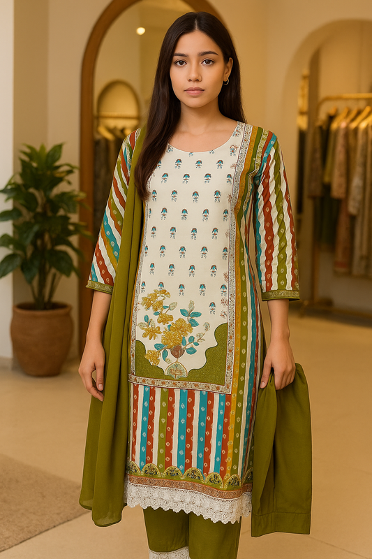 Ivory Printed 3-Piece Kurta Set with Dupatta