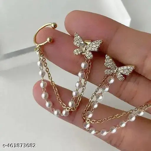 Butterfly Rhinestone Earrings with Cuff Chain