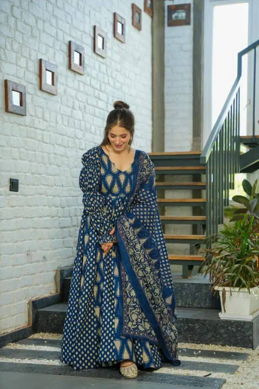 Designer Cotton Anarkali Gown with Dupatta