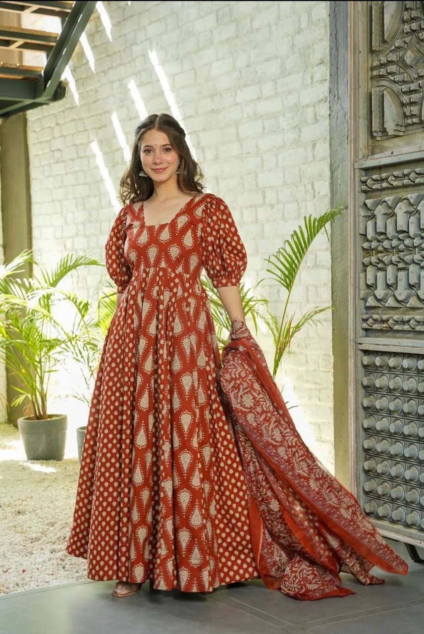 Designer Cotton Anarkali Gown with Dupatta