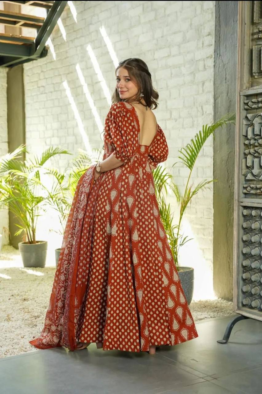 Designer Cotton Anarkali Gown with Dupatta