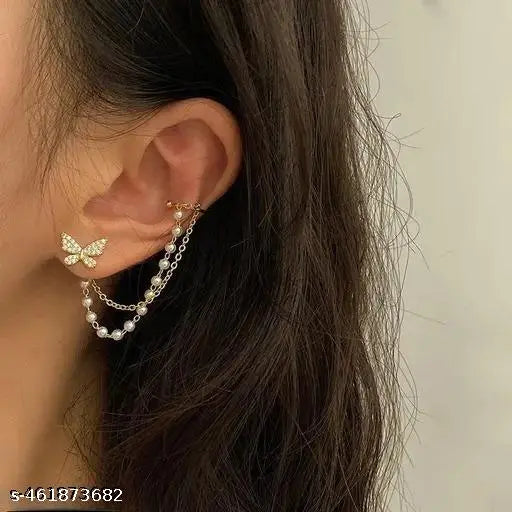 Butterfly Rhinestone Earrings with Cuff Chain