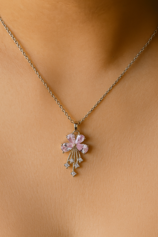Floral Pink Crystal Pendant Necklace – Minimal Elegance