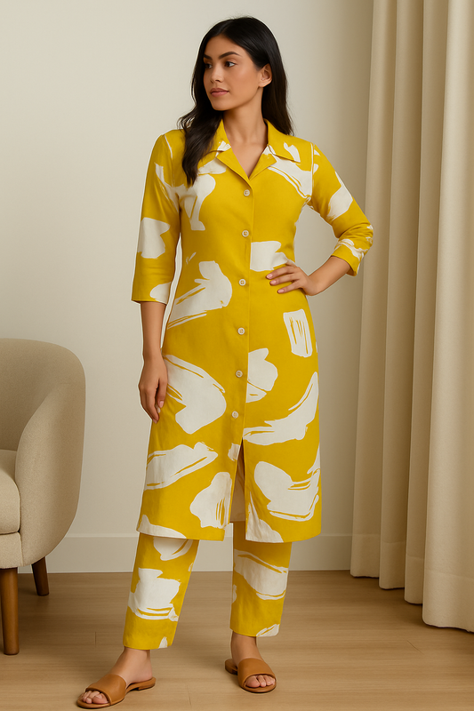 Mustard Abstract Printed Cotton Cord Set for Women | 2-Piece Shirt & Pant Set