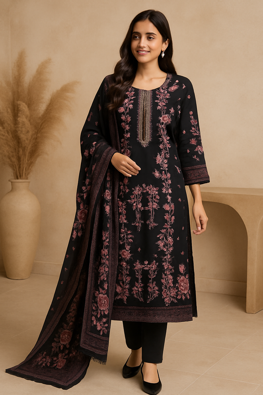 Black & Maroon Floral Embroidered Pakistani Suit