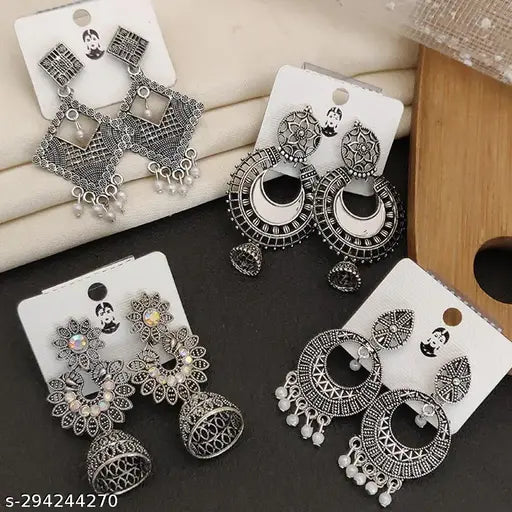 Combo of 4 Pairs Oxidised Silver Jhumki Earrings for Women & Girls