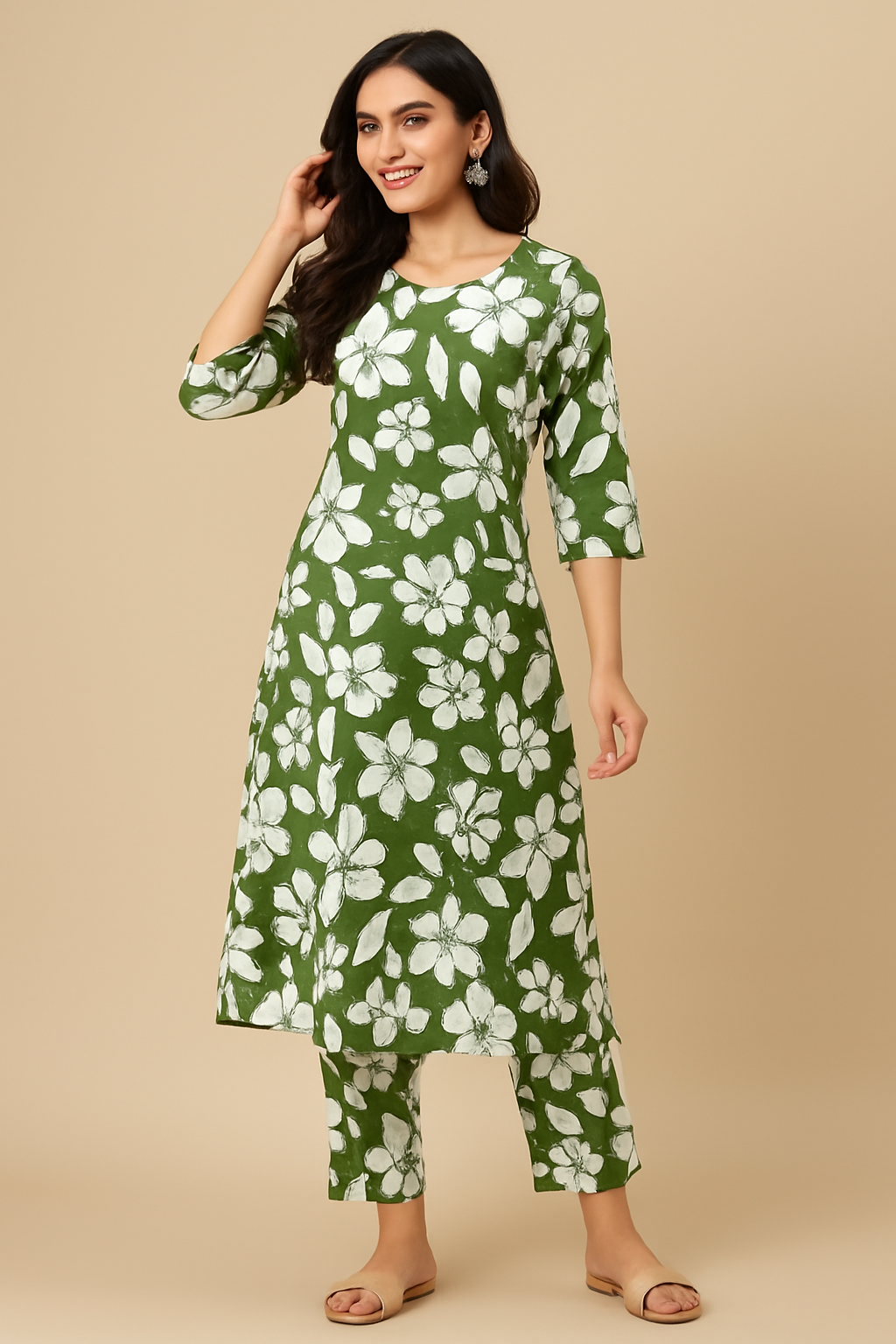 Green Floral Printed Cotton Cord Set