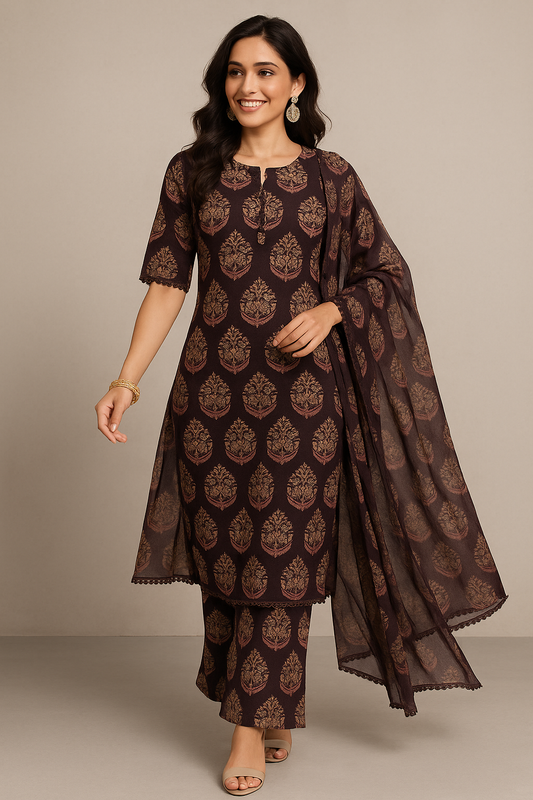 Elegant Maroon Printed Kurta Set with Dupatta