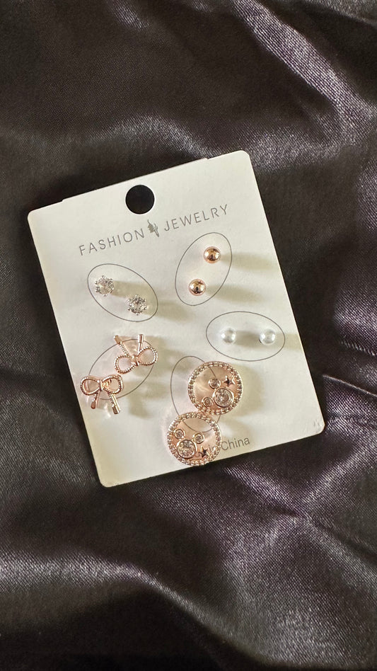 Rose Gold & Crystal Stud Earring Set – 5 Pairs