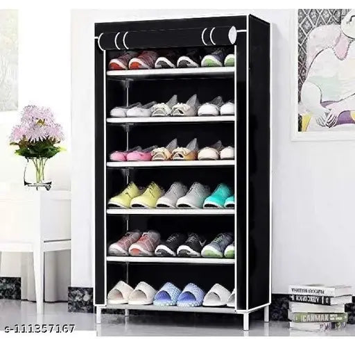 Premium 6-Tier Shoe Rack with Dustproof Cover – Black (PVC Pipe)