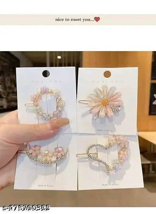 4Pcs Hair Clips & Pins – Korean Style, Fancy & Stone Design